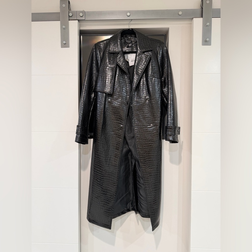 Topshop Black Textured Leather Trench Coat